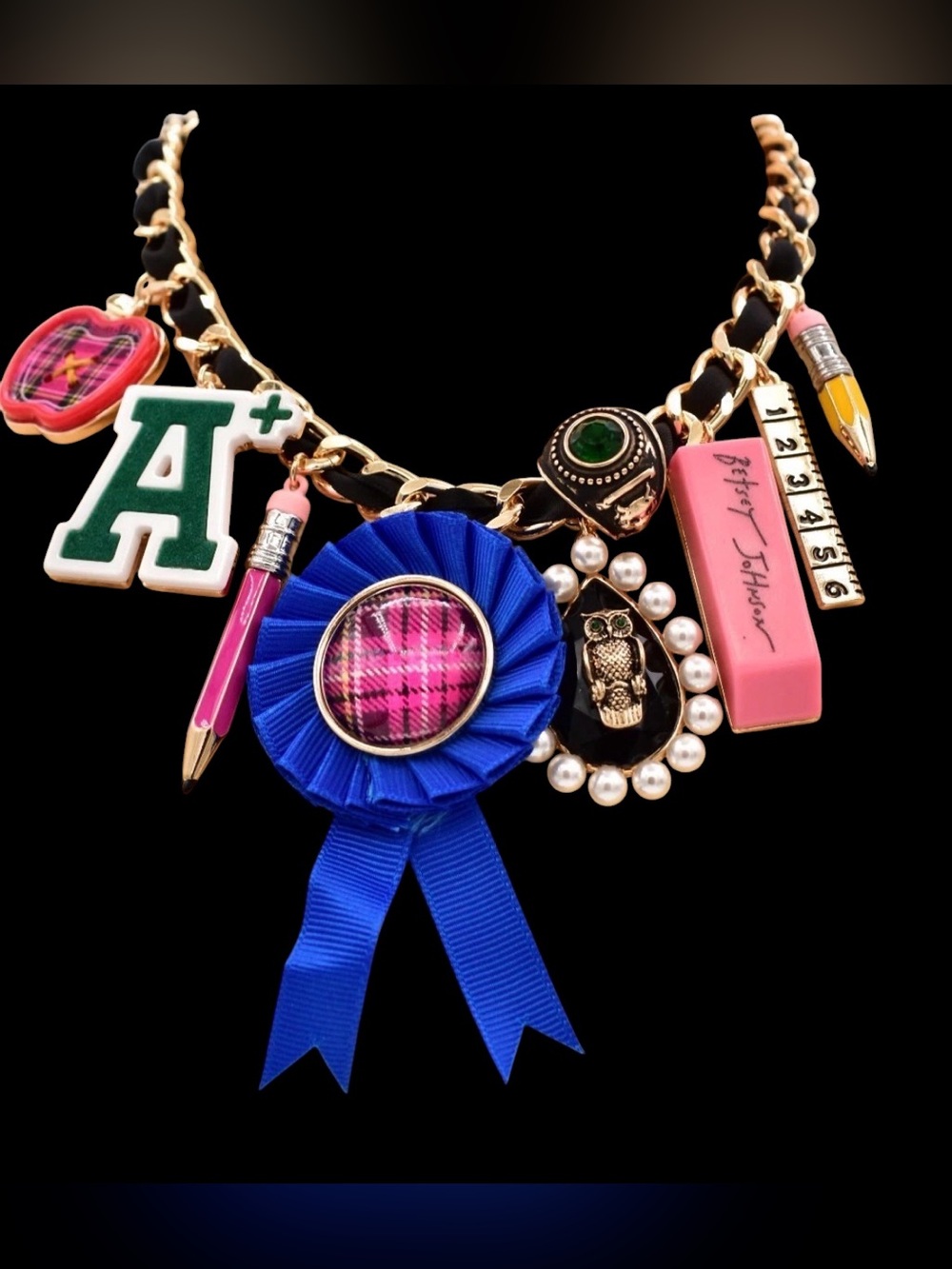 Betsey Johnson Blue Ribbon & Pink Eraser School Charm Necklace